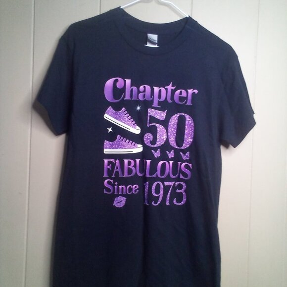 "50" Shirt Small "Chapter 50 Fabulous Since 1973" Black Purple - Picture 11 of 11